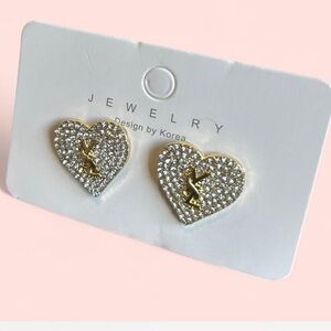 Gold tone LV rhinestone STUD heart earrings #heartjewellery